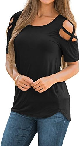 PAAZA Womens Criss Cross Casual Loose Cold Shoulder Tops and Blouses Basic T Shirts (Black, S)