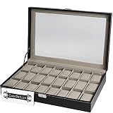 Watch Box Organizer Pillow Case - 24 Slot Luxury Premium Display Cases with Framed Glass Lid Elegant Contrast Stitching Sturdy and Secure Lock for Men and Women Watch and Jewelry Large Holder Boxes