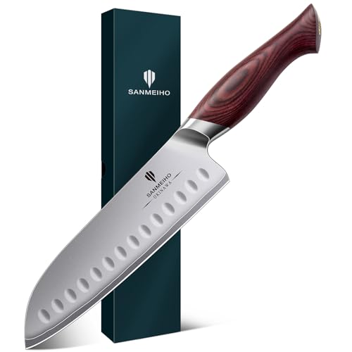SANMEIHO Kitchen Knife 18 cm, Japanese Santoku Knife in High Carbon Steel 10Cr15Mov with Ultra Sharp Blade from 12° and Ergonomic Pakkawood Handle