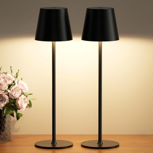PreeOtti Wireless Table Lamp, Set of 2, Battery LED Table Lamp, Bedside Lamp, Touch Dimmable with 3 Colour Temperatures, Table Lamp with USB-C Rechargeable for Outdoor Bedside Table, Dining Table, Camping (Black)
