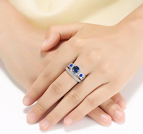 Vibrille Cushion-Cut Lab-created Blue Sapphire and Cubic zirconia Square Frame Bridal Wedding Ring Sets in Sterling Silver