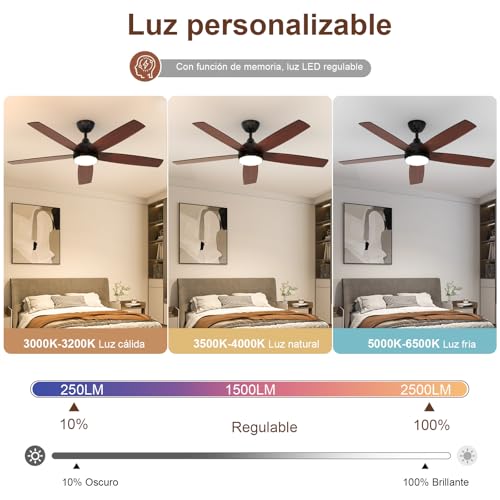Dorlink Ceiling Fan Lamp with Control, Ø132 cm, 6 Speeds, Timer, 34 W DC Motor, Summer-Winter Function, Quiet, Fan Lamp for Indoor Bedroom, Walnut/Black
