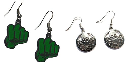 Hulk Green Fist and Silver Hydra Logo Dangle Earrings w/Gift Box