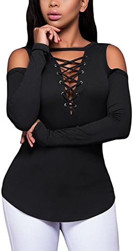 Meet Time Women's Sexy Blouses Lace-up Ribbed Off Shoulder Shirt Tops Casual T-shirt Tees