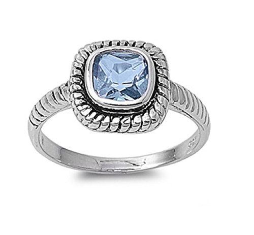 Simulated Aquamarine Cubic Zirconia Braided Square Ring Sterling Silver Size 9