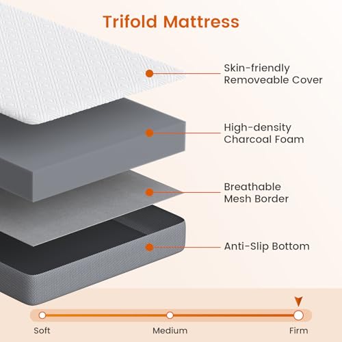 BedStory Foldable Mattress Twin Size, 4 Inch Folding Mattress with Carry Bag, Tri Fold Firm Foam Floor Mattresses with Washable Cover, Single Portable Trifold Mattresses for Sofa, RV, 38" x74"
