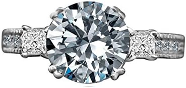 Diamond Veneer - Three Stone Sterling Silver Ring with Round Center Simulated Diamond Engagement Ring (Clear, 8)