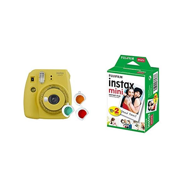 Fujifilm instax Mini 9 Kamera mit Farblinsen, gelb & Mini Instant Film, 2X 10 Blatt (20 Blatt), Weiß