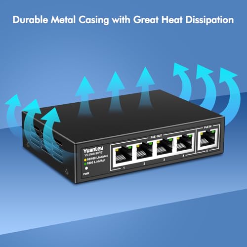 YuanLey 5 Port Gigabit PoE Extender with 4 Outputs, 90W PoE Input, IEEE 802.3af/at/bt, Mini 5 Channel Repeater 1000Mbps, Metal Case, 6KV, Power over Ethernet Switch