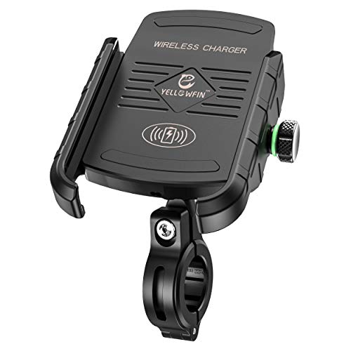 Yellowfin Aluminium Waterproof Bike/Motorcycle/Scooter Mobile Phone Holder Mount with Fast 15 W Wireless Charger & 360° Rotation, for Maps and GPS Navigation (Black, Jaw Grip with Wireless Charger)