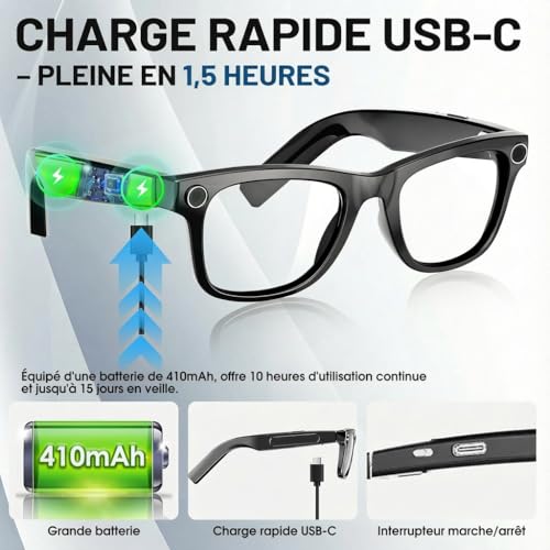 HD Camera Glasses, 8MP 1080P AI Connected Bezel, Dual Core Processor with AI Assistant for Real Time Translation, 410 Mah Offering 16 Hours of Battery Life, Wi-FI Bluetooth Smart Bezel