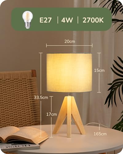 EDISHINE LED Table Lamp, Linen Shade and Wooden Base, Set of 2 Modern Table Lamp, Warm White Light 2700K, E27 Table Lamp for Bedroom and Living Room, 4W LED Bulb Included