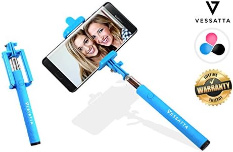 VESSATTA © Selfie Stick for iPhone &amp; Samsung Smart Phones - Requires no charge, strudy with photo button on handle (extends 3.5 feet) Compact folding size - Multiple Colors (Blue)