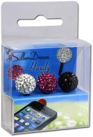 SilberDream Crystal phone plugs, 3 pieces different colours Shamballa shiny glitter balls, original Czech Preziosa crystals, white, fuchsia and black, GST11