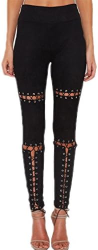 Women's Sexy Lace up Suede Pants High Waist Hollow Crisscross Stretchy Leggings Skinny Pants