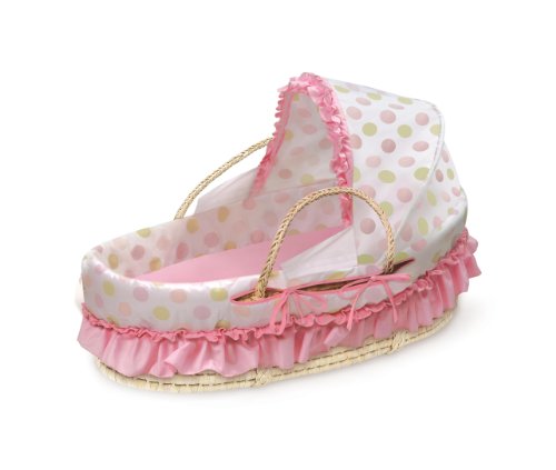 Badger Basket Natural Moses Basket with Fabric Canopy, Pink and Sage Dot