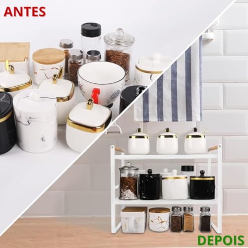 Prateleira Organizadora de Cozinha 2 Andares 33x33x20cm | Organizador de Armário Aramado em Metal Resistente com Cabo de Madeira Antiferrugem para Louças e Utensílios (Branco)