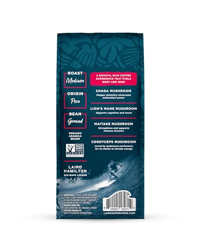 Laird Superfood Peruvian Medium Roast Coffee with Functional Mushrooms, Certified Organic Peruvian Ground Coffee Beans, Gluten-Free, Dairy-Free, Non-GMO, Paleo, Keto Friendly, 12 oz. Bag