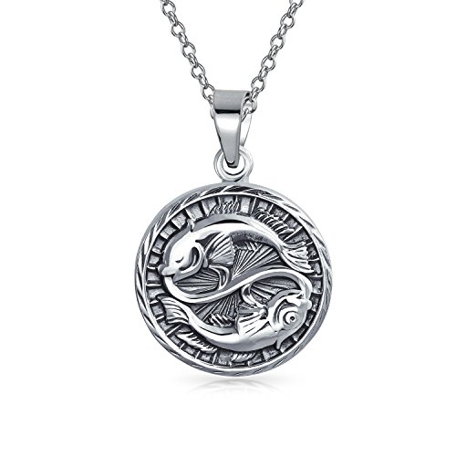 Pisces Zodiac Sign Astrology Horoscope Round Medallion Pendant For Men Women Necklace Antiqued Sterling Silver