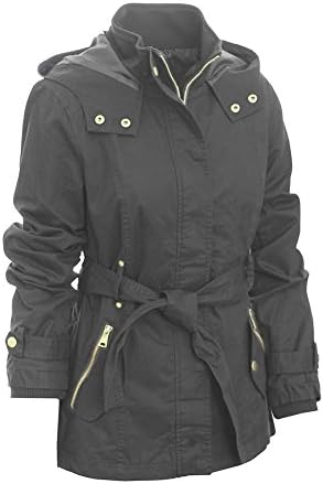 Miss London Ladies Juniors Womans Cotton Long Lightweight Anorak Jacket with Hood &amp; Drawstring Coat and Belt - Black (2X)