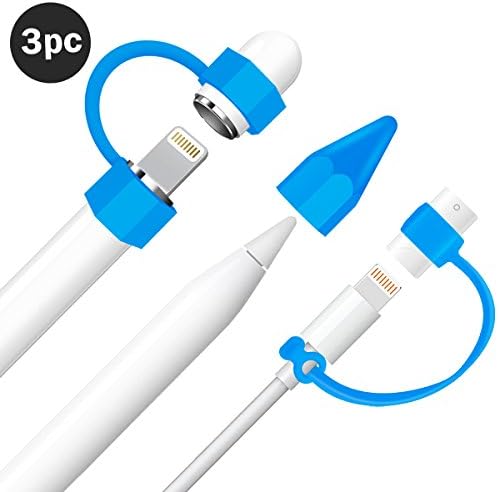 Apple Pencil Accessories,Sahiyeah Apple Pencil Cap Holder Nib Cover Lighting Cable Adapter Tether Soft Silicone Protective Grip for iPad Pro Pencil,Blue