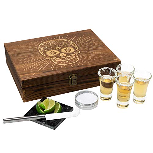 Atterstone Tequila Box Set Featuring 4 Premium Shot Glasses, Garnish Knife, Salt Tin with Lid, Candy Skull Themed Wooden Box and Coaster | Perfect for Mexican Themed Parties, Holiday Gifts - Thumbnail 5