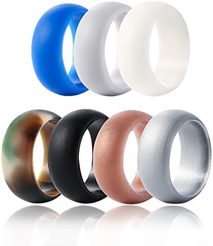 Owlike Silicone Wedding Ring for Men, 7 Pack Silicone Rubber Wedding Band Ring Size 9 10 11 12 13, Protect Finger Safe in Athletic Exercise -Black White Blue Camouflage Coffee Dark Grey Light Grey