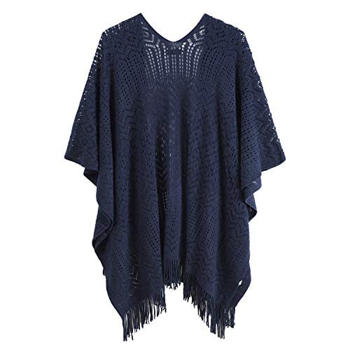 Knit Shawl Wrap for Women Capes Ladies Knitted Scarf Tassel Open Poncho Cardigan (Navy)