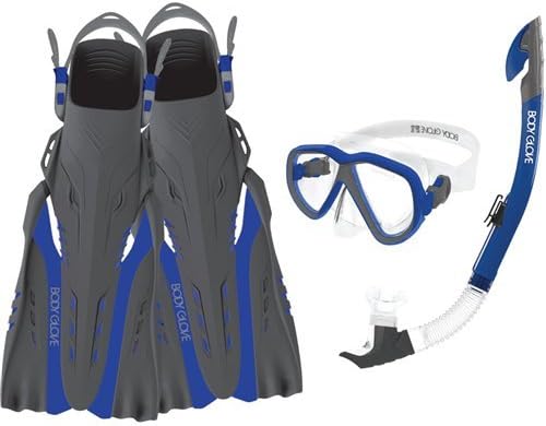Body Glove Azores Adults Snorkel Set with Panoramic View Tempered Glass Diving Mask Silicone Goggle, Swimming Fins, Anti-Leak Dry Top Flex Tube for Snorkeling Swimming Scuba Diving