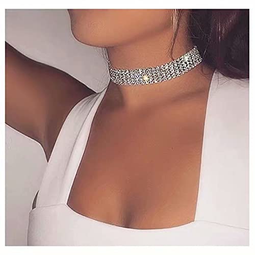 TseenYi Wide Rhinestone Chain Necklace Choker Layering Silver Tennis Chain Necklace Short Shining Necklaces Jewelry for women and Girls