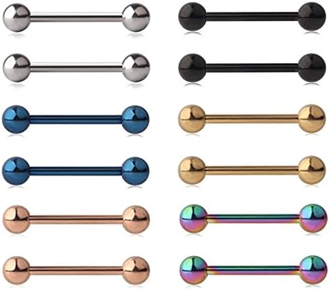 12pcs 316L Stainless Steel Tongue Nipple Shield Barbell Ring Bar with Balls Body Piercing Jewelry Mix-color 0.6” Length Lip Eyebrow Stud Rings