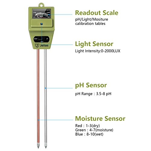 Jellas Soil Moisture Meter 3-In-1 Soil pH Meter Moisture Sensor Sunlight pH Soil Test Kits for Home and Garden, Indoor/Outdoor Plants - Olive Green