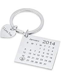 Personalised Custom Engraved Calendar Date Engraved Stainless Steel Dog Tag Keyring & Keychain Memorial Anniversary Wedding Gift (Heart Silver)