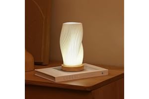 Dawnwake Bedside Lamp with Woodbase - Button Control Table Lamp for Bedroom 12 Way Dimmable Nightstand Lamp with PLA Lampshade for Living Room, Kids Room (White-D, Medium) (Without Charging Adapter)