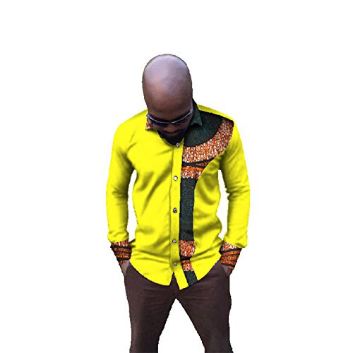 Men 's Blouses Dashiki Shirts Tops Cotton Long Sleeve African Print Bright wyn86