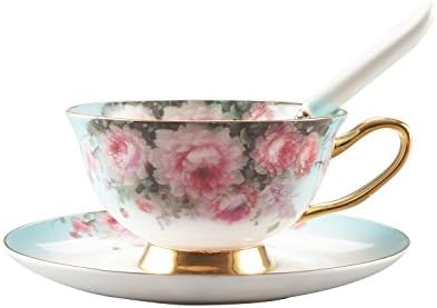 Porcelain Bone China Teacup Spoon and Saucer Set Blue Flower Coffee Cup 7 oz Set-HITFUN