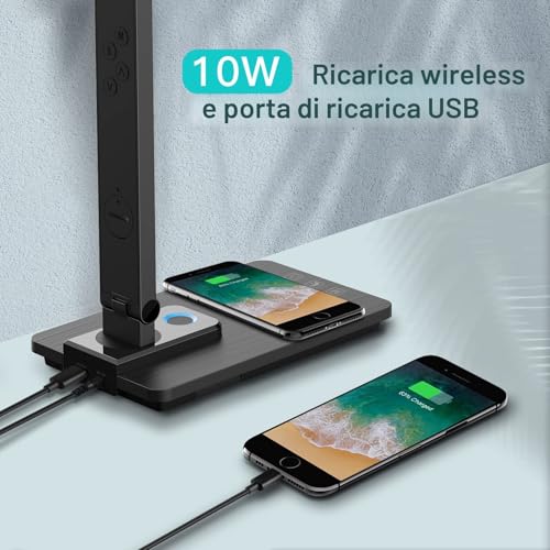 LED Desk Lamp with Wireless Charging - Table Lamp with 10 W Charger, USB Charging Port, Rotating Folding Desk Lamp, Dimmable 5 Levels Touch, 3 Modes