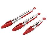 TENDOMI Kitchen Tongs - Stainless Steel Silicone Cooking Tongs, Non-Slip 7, 9, 12 Inch Locking Food Tongs For BBQ Barbecue Serving Grilling Bacon Turner, Set Of 3-Red