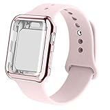 RUOQINI Smartwatch Band with Case Compatiable for Apple Watch Band, Silicone Sport Band and TPU Case for Series 4/3/2/1,Pink Sand Band with Rose Pink Case in 38SM Size
