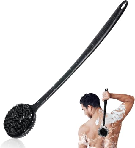 Silicone Back Scrubber, 17In Extended Anti-Slip Handle Body Scrubber Body Brush Back Brush Long Handle for Shower Double Sided Shower Brush Back Washer for Cleansing and Exfoliating, Bath Essentials