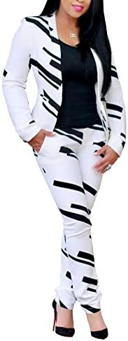 Women Lapel Collar Long Sleeve Stripe Top Jacket Pants 2 Piece Suit Set Outfits Medium (US6/8 1739)