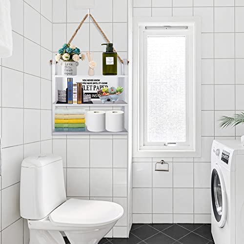 Over The Toilet Storage Shelf, Bathroom Rope Hanging Ladder Shelf 3 Tier Rustic Wall Mounted Farmhouse Wooden Shelves for Toilet Paper Holder Storage, Bottles Organizer, Restroom Decor (seat)
