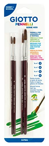 GIOTTO Pinceaux série 400 N.3,4,5,8, Pointe Ronde Poils de Poney, 4 pièces poignée Bordeaux