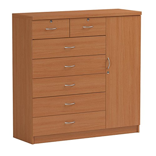 Hodedah 7 Drawer Jumbo Chest, Five Large Drawers, Two Smaller Drawers with Two Lock, Hanging Rod, and Three Shelves, Cherry