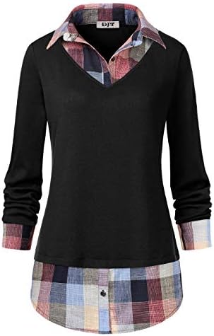 Women's Classic Collar Knit Pullover Plaid Contrast Shirt Top
