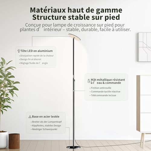 AJABotanics 60W LED Horticultural Lamp on Foot, Full Spectrum Indoor Plant Lamp, Adjustable Height up to 216 cm, for Large Plants, Remote Control, Timer 4H/8H/12H