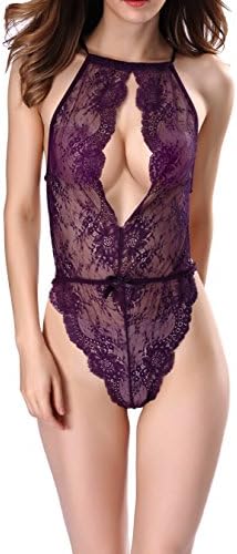 BOBOVIIA Womens Sexy Lingerie Lace Halter One Piece Teddy Babydoll Bodysuit Nightwear Sleepwear(Purple,S)
