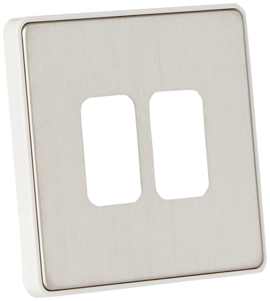 MK Dimensions 2 Gang 20A Switch/2 Module Grid Brushed Stainless Steel Finish Frontplate with a White Trim