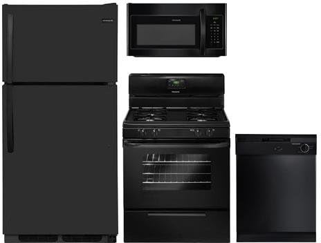 Frigidaire 4-Piece Black Package with FFTR1514TB 28" Top Freezer Refrigerator, FFGF3015LB 30" Freestanding Gas Range, FBD2400KB 24" Built In Dishwasher and FFMV1645TB 30" over the Range Microwave Oven