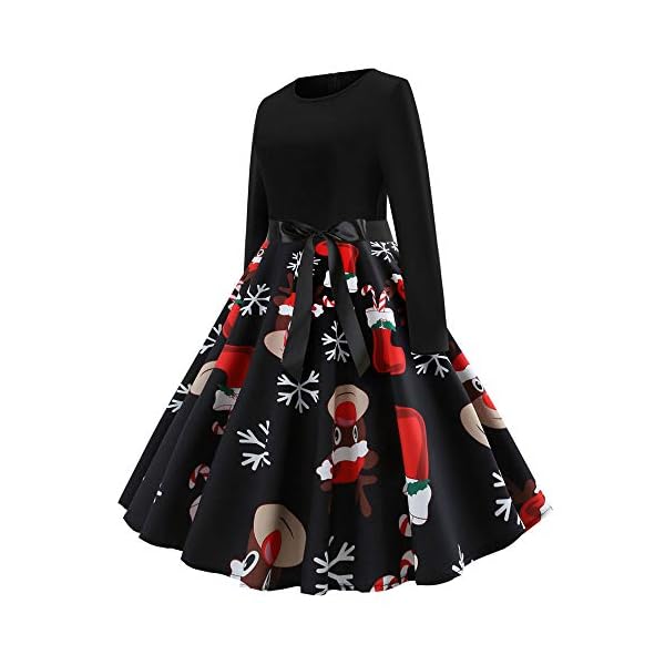 OSTELY Women's Dresses, Christmas Vintage O-Neck Print Long Sleeve Evening Party Swing Pleated Dress (Black,XX-Large) - Image 3